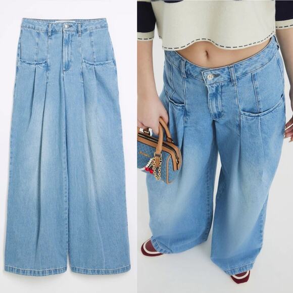 River Island Jeans Blue Tailored Wide Leg Pleated Denim - Picture 3 of 12